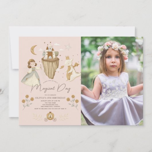 Invitation Princesse Dragon Boho Fairytale rose Anniversaire (Devant)