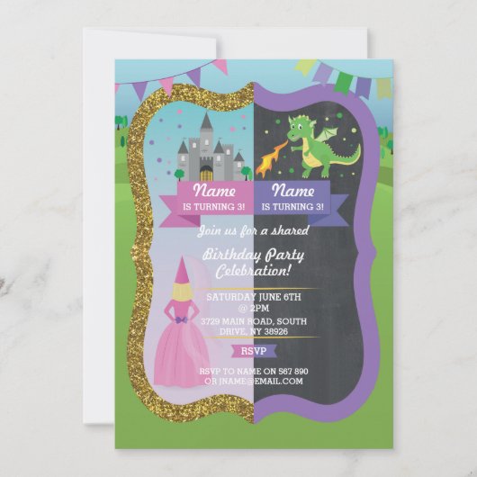 Invitation Princesse & Dragon Joint Boy Girl Anniversaire Inv (Devant)
