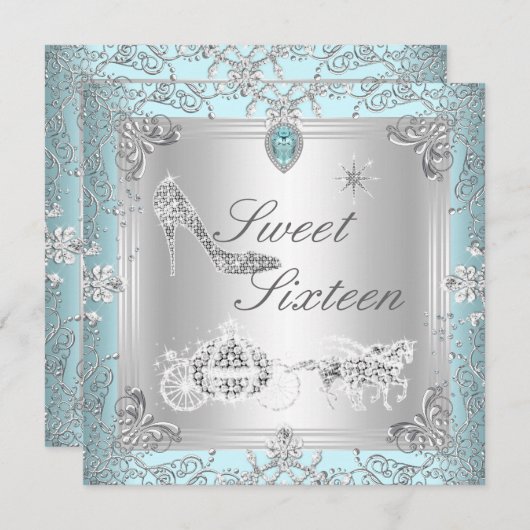 Invitation Princesse Elegant Diamond Blue Sweet 16 Seize (Devant / Derrière)