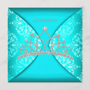 Invitation Princesse élégante Tiara Teal Blue Quinceanera