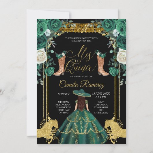 Invitation Princesse Emerald Green & Gold Charra Mis Quince (Devant)