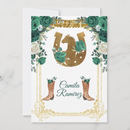 Invitation Princesse Émeraude Vert & Or Fille Douce 15e (Dos)