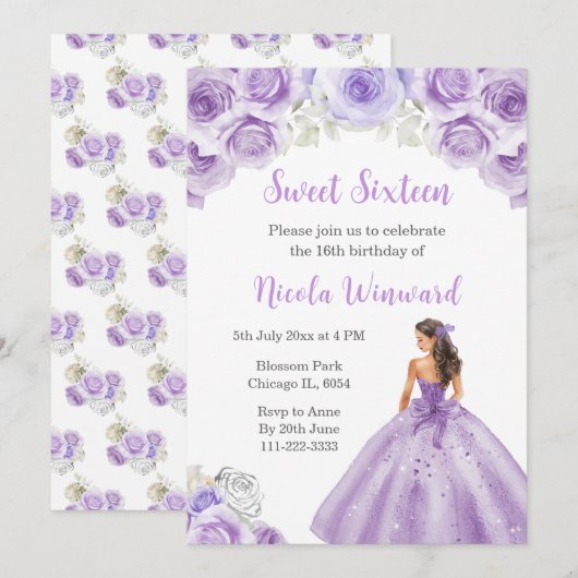 Invitation Princesse en Sweet sixteen de robe violet Dusty (Devant / Derrière)