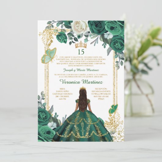 Invitation Princesse espagnole Emerald Green Floral Mis Quinc (Debout devant)