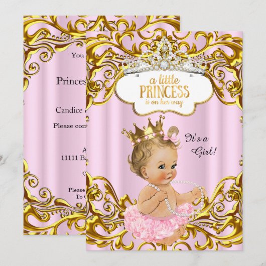 Invitation Princesse est en chemin Baby shower Pink Blonde (Devant / Derrière)