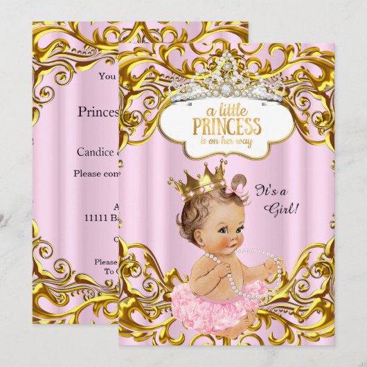 Invitation Princesse est en chemin Baby shower Pink Brunette (Devant / Derrière)