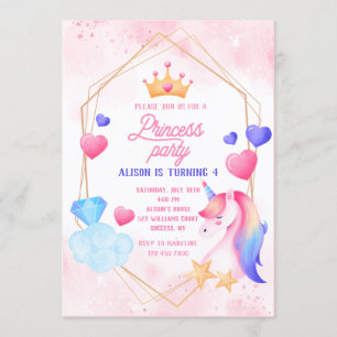 Invitation Princesse et fête d'anniversaire de l'Unicorne