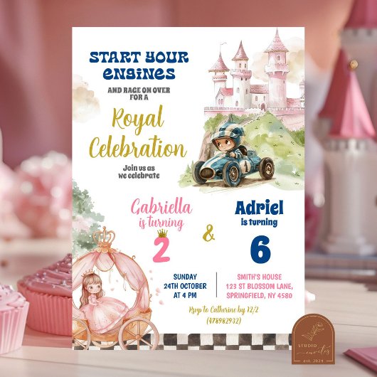 Invitation Princesse et garçon de la voiture de course Annive