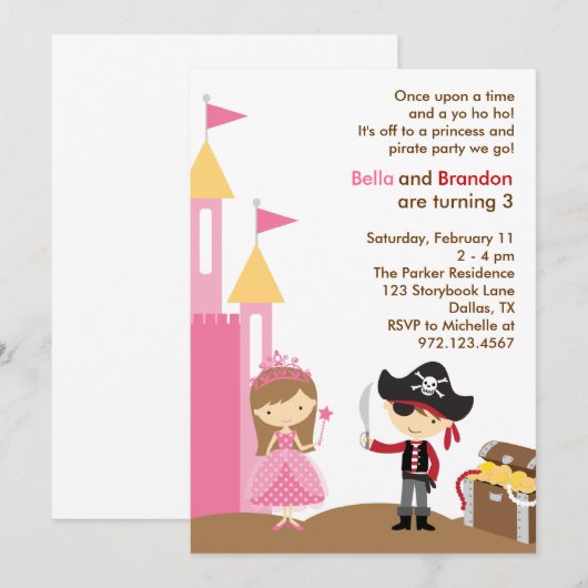 Invitation Princesse et Pirate (Devant / Derrière)