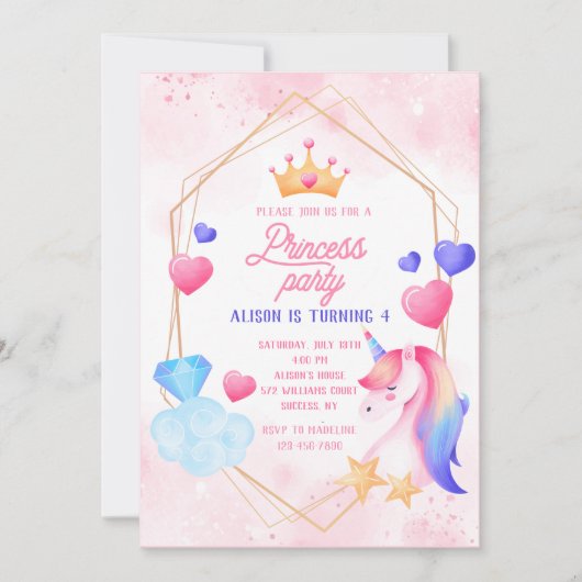 Invitation Princesse et sa licorne fête d'anniversaire (Devant)
