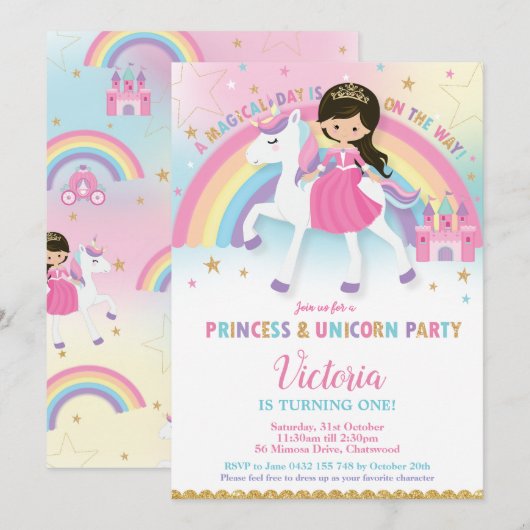 Invitation Princesse et Unicorn Anniversaire de la fête Rainb (Devant / Derrière)