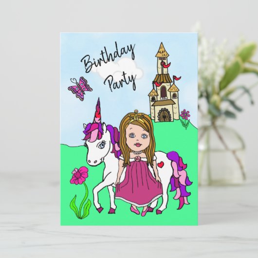 Invitation Princesse et Unicorn Fête d'anniversaire (Debout devant)