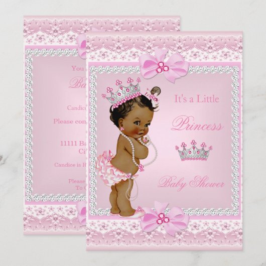 Invitation Princesse ethnique Baby shower fille perles roses (Devant / Derrière)
