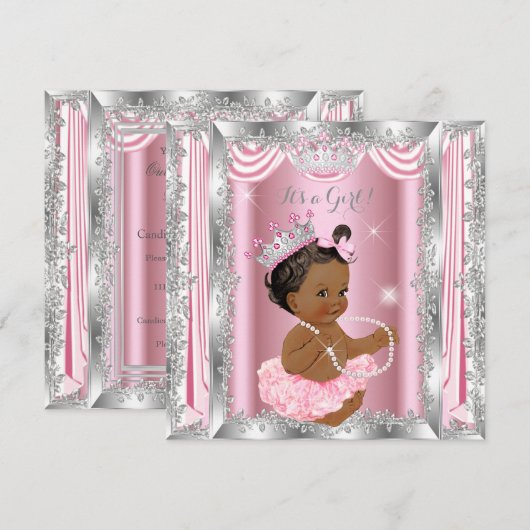 Invitation Princesse ethnique Baby shower rose argent Balleri (Devant / Derrière)