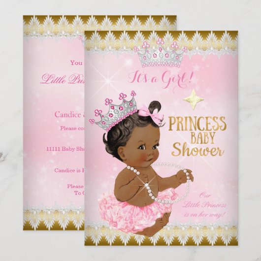 Invitation Princesse ethnique Baby shower rose Tutu Gold (Devant / Derrière)