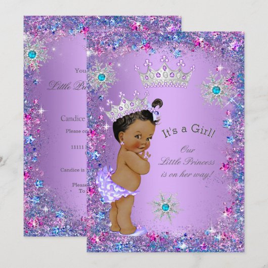 Invitation Princesse ethnique Baby shower violet Turquoise ro (Devant / Derrière)