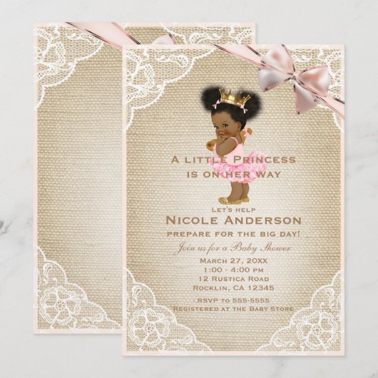 Invitation Princesse Ethnique Vintage Bébé Fille Salle Rustiq (Devant / Derrière)