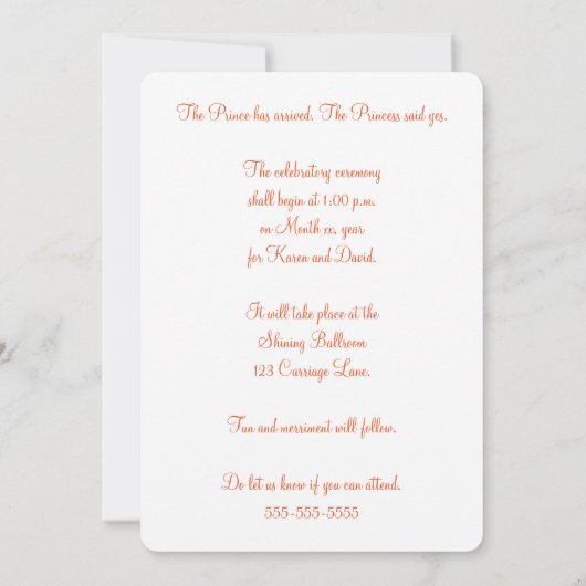 Invitation Princesse FairyTale Citrouille Mariage de mariage  (Dos)