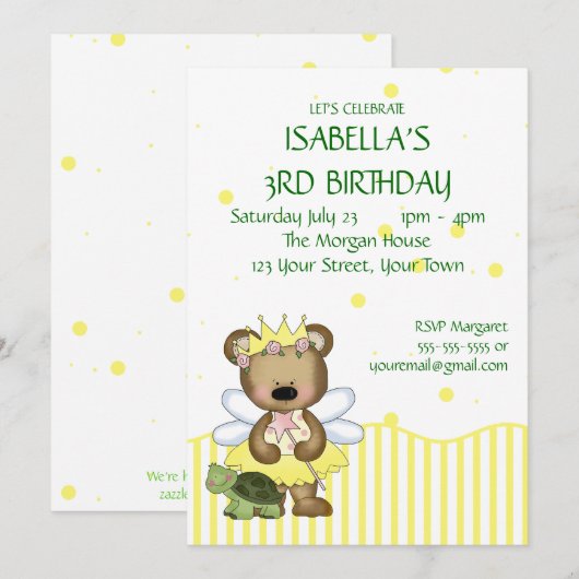 Invitation Princesse faite sur commande de fée de jaune (Devant / Derrière)