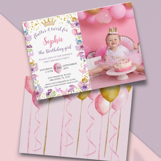 Invitation Princesse Fée Rose & Or 1er Anniversaire