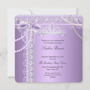 Invitation Princesse Fête d'anniversaire Ruban Dentelle Perle