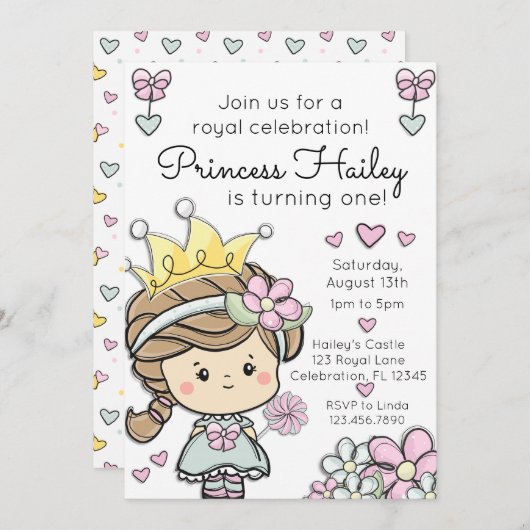 Invitation Princesse Fille Fête d'anniversaire (Devant / Derrière)