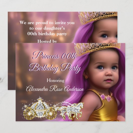 Invitation Princesse Fille Fête d'anniversaire Carriple or vi (Devant / Derrière)