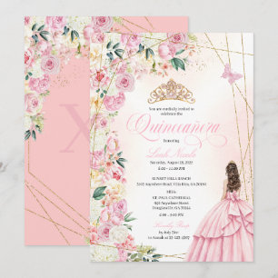Invitation Princesse Fleur Rose et Paillettes Dorées pour Qui