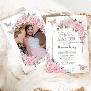 Invitation Princesse Fleur Rose Papillons Photo Sweet 16 