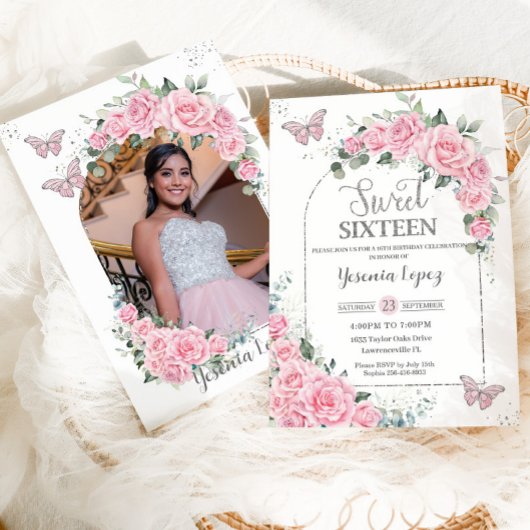 Invitation Princesse Fleur Rose Papillons Photo Sweet 16 