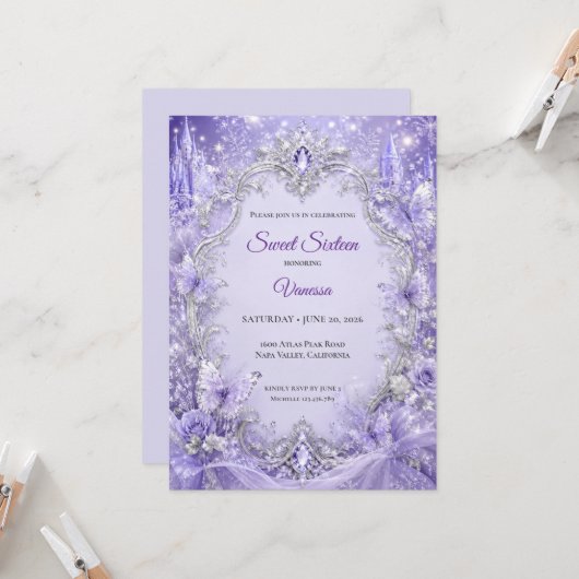 Invitation Princesse Fleurie Argent Violet Sweet 1 (Devant/Arrière en situation)