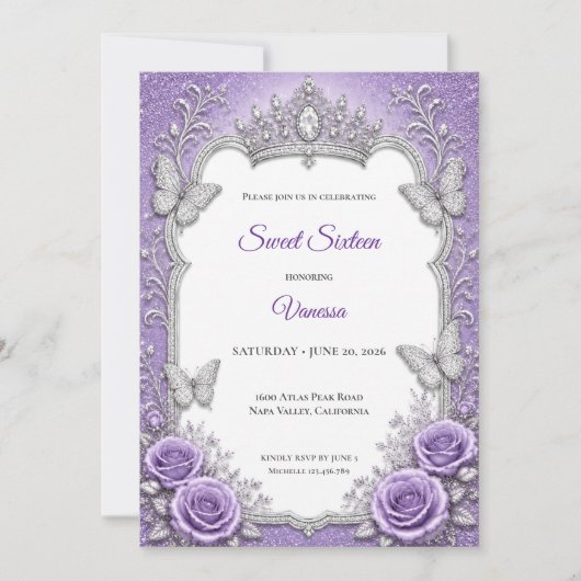 Invitation Princesse Fleurie Argent Violet Sweet 1 (Devant)