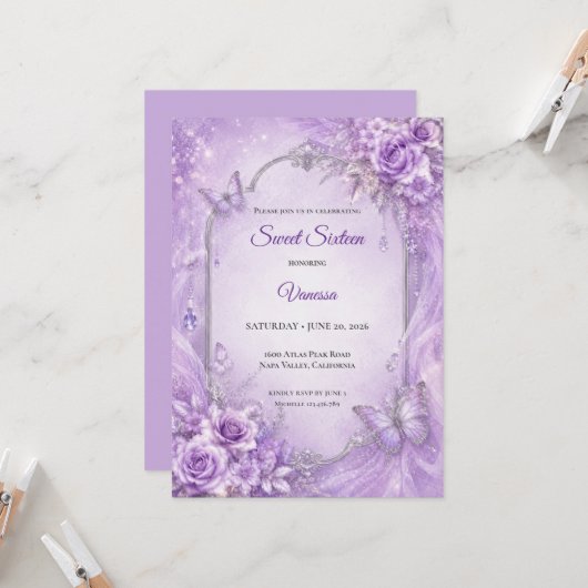 Invitation Princesse Fleurie Argent Violet Sweet 1 (Devant/Arrière en situation)