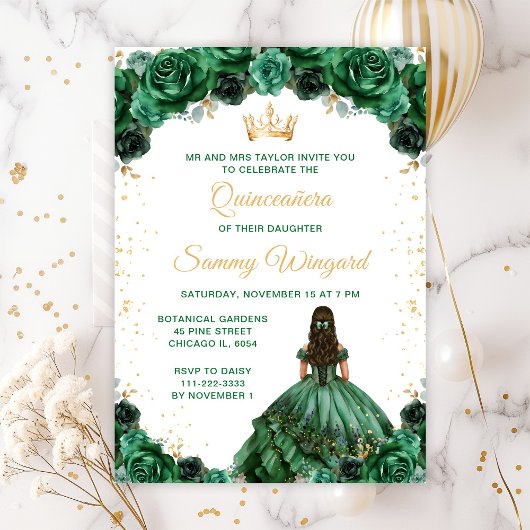Invitation Princesse Fleurie Vert Foncé Quinceañera