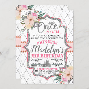 Invitation Princesse florale argentée rose Birthday