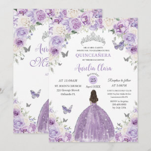 Invitation Princesse Florale Blanche Violette Quinceañera XV 