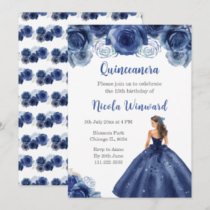 Invitation Princesse Florale en robe bleu marine Quinceanera