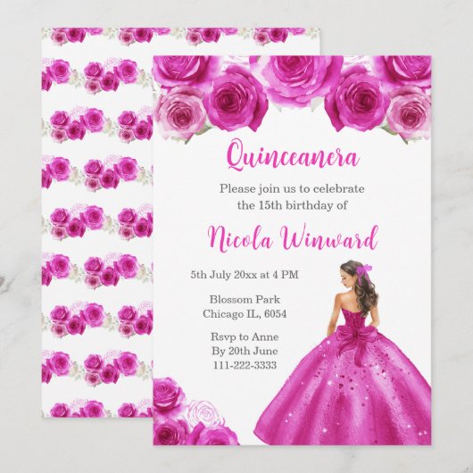 Invitation Princesse Florale en Robe Chaude Quinceanera (Devant / Derrière)