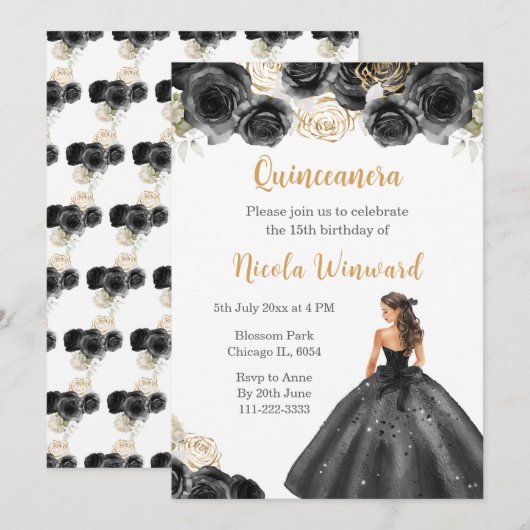 Invitation Princesse Florale en Robe Noire Quinceanera (Devant / Derrière)