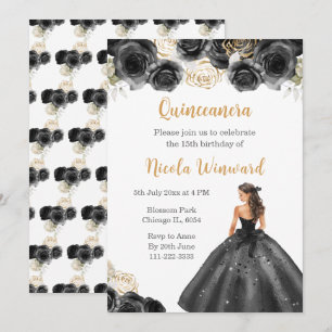 Invitation Princesse Florale en Robe Noire Quinceanera