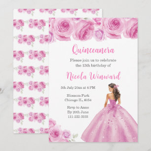 Invitation Princesse Florale en robe rose pâle Quinceanera