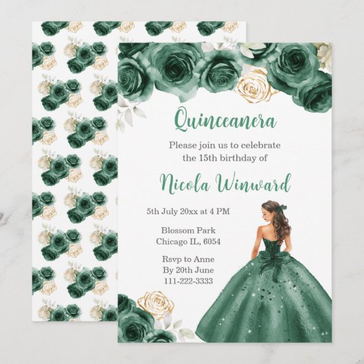 Invitation Princesse Florale en Robe Vert foncé Quinceanera (Devant / Derrière)