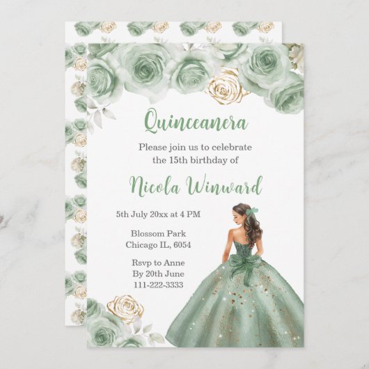 Invitation Princesse Florale en Sage Robe Verte Quinceanera (Devant / Derrière)