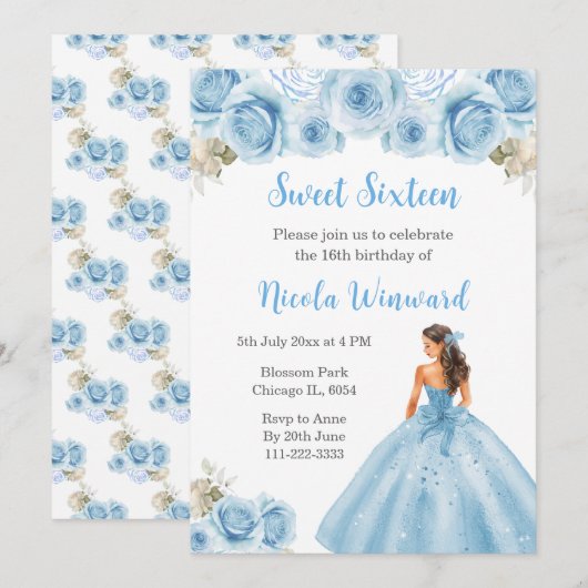 Invitation Princesse Florale en Sweet sixteen Robe Bleue (Devant / Derrière)