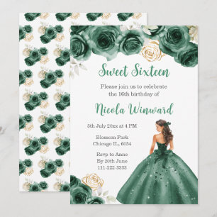 Invitation Princesse Florale en Sweet sixteen Robe Vert foncé