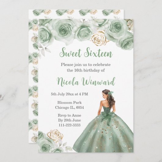 Invitation Princesse Florale en Sweet sixteen Robe verte Sage (Devant / Derrière)