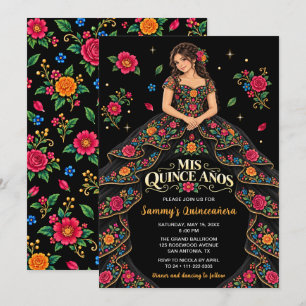 Invitation Princesse Florale Mexicaine Quinceañera Noire