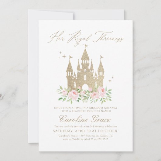 Invitation Princesse Florale rose et or 3e anniversaire (Devant)