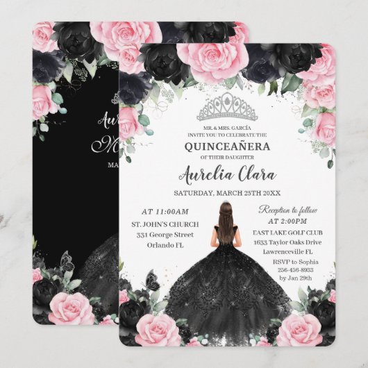 Invitation Princesse Florale Rose Noire Gown Silver Quinceañe (Devant / Derrière)