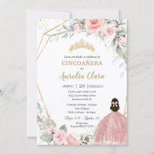 Invitation Princesse Florale rose pâle Cincoañera 5e annivers